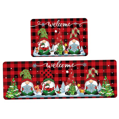 Hperu 2-Pack-Weihnachts-Küchenteppich-Set (Stil 1), GNOME Plaid-Designmatten (16x24 & 16x47)-absorbierende Nicht-Schlupf-Winter-Weihnachts-Bodendekoration von Hperu