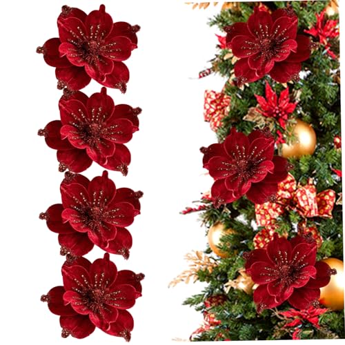 Hperu 4pcs Weihnachten Blumen künstlicher Glitzer eleganter Samt Magnolia Künstliche Blumen Weihnachtsbaumdekorationen für Heimhochzeit rot von Hperu