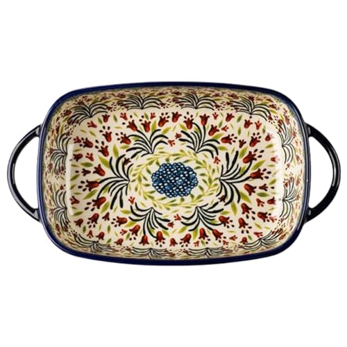 Hperu Auflaufform, 1900 ml hitzebeständige Keramikofenschale mit Zwei Griffen, Lasagne-Schale mit Blütendruck-Rechteck, Nicht schlupfbare Auflaufschalen für Ofen, Lasagne-Schale Auflauf von Hperu