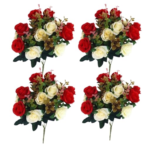 Hperu Friedhofsblumen für Grabfriedhofsblumen für Grab, 4 Bündel falsche Rosen 11.8 '' Künstliche Blumen für Gräber 12 Blumenköpfe Seidengedenkblumen für Grabvase Cemetery Dekor rot von Hperu
