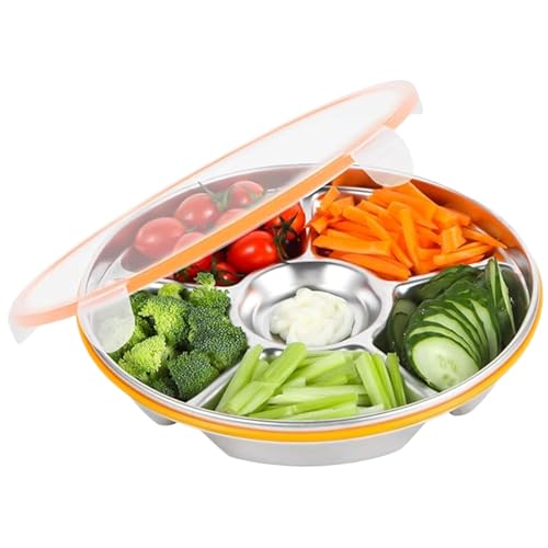 Hperu Geteilte Servierschale mit Deckel 6 Fächer - luftdicht Edelstahl Snack Box für Partyplatten -Vorspeisen Desserts Snacks von Hperu