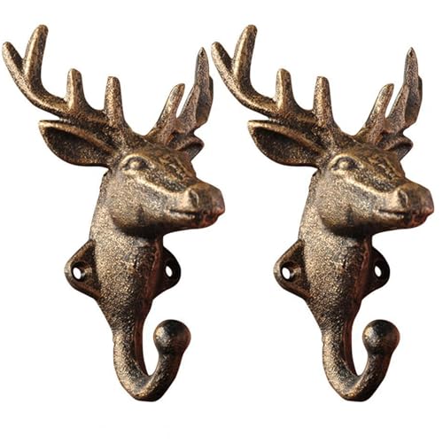 Hperu Goldene Kleiderhaken 2pcs 4.3x6.3 Messing Wandhaken Vintage Goldmantel Gusseisen Elch Kopftier Wand Rentier Hirschstift für Weihnacht Rack Schlüsselhalter Party Wohnkultur von Hperu