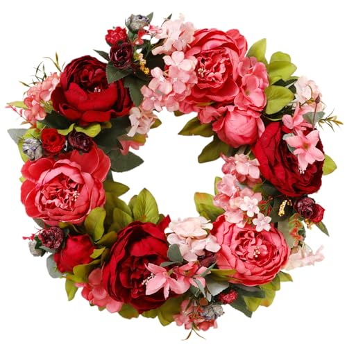 Hperu Pfingstrosenkranz, 16 künstliche Pfingstrosenkranzhänge Simulation Feder dekorative grüne Blätter Kranz für Vordertür Dekor, Türkränze für Haustür, Blumenkranz von Hperu