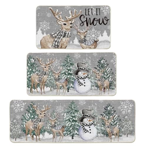 Hperu Weihnachtsküchenmatte, Weihnachts-Küchenteppichsets mit 3 Rentier-Weihnachts-Küchenmatte absorbierende Nicht-Schlupf-Polyester-Weihnachtsteppich für Küche, Tür, Flur, Style 2 von Hperu