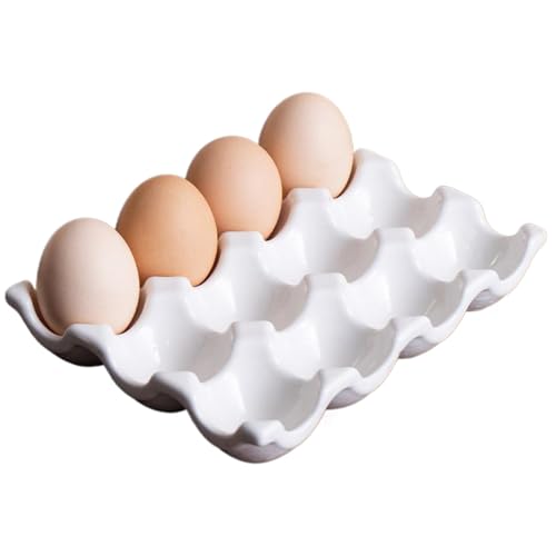 Hperu Keramik-Eierschale, hitzebeständige Eierhalter mit 12 Tassen für den Küchenkühlschrank für Arbeitsplatten, leicht zu reinigen, weiß von Hperu