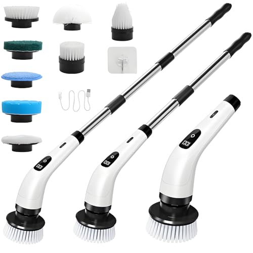 Hqynss Elektrische Rotationsbürste, Kabellos, 8 Bürstenköpfe, Verstellbarer Griff, Wiederaufladbar, USB-C, für Boden, Fliesen, Bad, Küche, Dusche von Hqynss