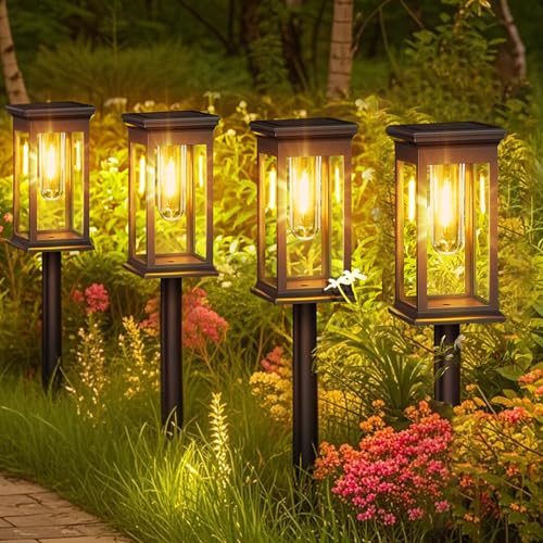 Hqynss Solarlampen für Außen Garten, 4 Pack Moderne Solarleuchten mit Längere Arbeitzeit, IP65 Wassserdicht, warmweiße Wolfram LED, Auto Ein/Aus, für Garten, Terrasse, Pfad, Rasen von Hqynss