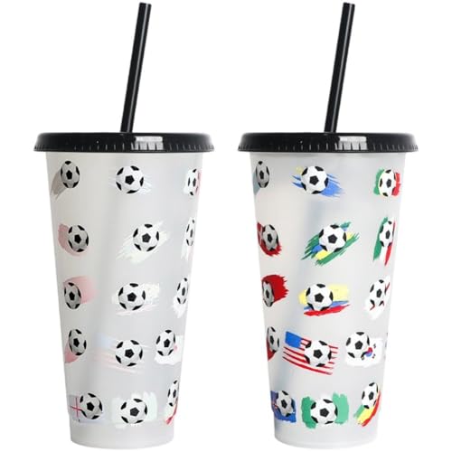 Hrippy Farbwechselnder Strohhalmbecher, 2 Fußball-wassertrinkbecher Strohhalm Und Deckel, Tragbarer Reisebecher, Trinkbecher, Saftbecher, Wiederverwendbarer Reisebecher Für Kinder Und Erwachsene von Hrippy