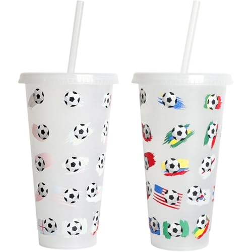 Hrippy Farbwechselnder Strohhalmbecher, 2 Fußball-wassertrinkbecher Strohhalm Und Deckel, Tragbarer Reisebecher, Trinkbecher, Saftbecher, Wiederverwendbarer Reisebecher Für Kinder Und Erwachsene von Hrippy