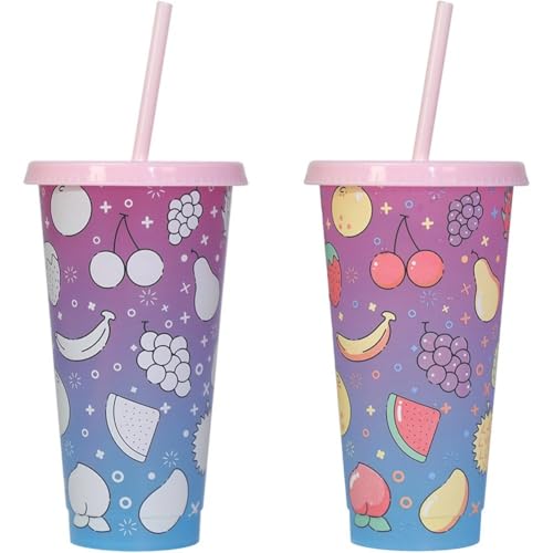 Hrippy Farbwechselnder Strohhalmbecher, 2 Stück Wassertrinkbecher Fruchtmuster, Strohhalm Und Deckel, Tragbarer Reisebecher, Trinkbecher, Saftbecher, Wiederverwendbarer Reisebecher Für Kinder Und von Hrippy