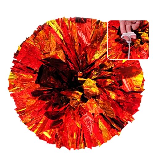 Hrlace 2 Stück Cheerleading Pom Poms Metallfolie Cheerleader Pompons Bunte Cheer Blumenkugel Griffblumen Kunststoff Handblume für Erwachsene Kinder Sport Cheers Gold+Rot Fingerring M=30cm von Hrlace