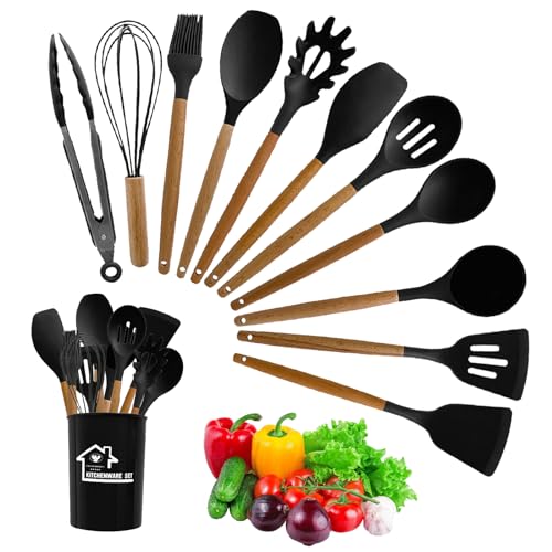 Hrobig Küchenhelfer Set, 12 Stücke Silikon Kochgeschirr Set, Hitzebeständiger Kochbesteck Set mit Utensilienhalter, Küchenutensilien mit Holzgriffen, Gesund & Antihaft Spülmaschinenfest - Schwarz von Hrobig