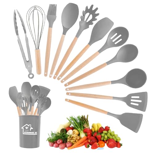 Hrobig Küchenhelfer Set, 12 Stücke Silikon Kochgeschirr Set, Hitzebeständiger Kochbesteck Set mit Utensilienhalter, Küchenutensilien mit Holzgriffen, Gesund & Antihaft Spülmaschinenfest - Grau von Hrobig