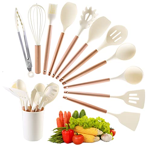 Küchenhelfer Set, Hrobig 12 Stücke Silikon Kochgeschirr Set, Hitzebeständiger Kochbesteck Set mit Utensilienhalter, Küchenutensilien mit Holzgriffen, Gesund & Antihaft Spülmaschinenfest - Weiß von Hrobig