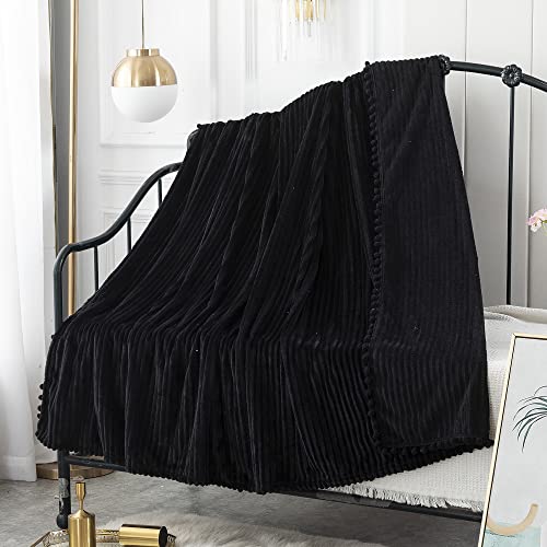 Fleece-Überwurfdecke mit Bommeln, Mikrofaser-Flanell-Decken für Sofa, Couch, Stühle, Bett, Einzelbett, Reisegröße, Doppelgröße, flauschige Decken, passend für alle Jahreszeiten, 200 x 230 cm, schwarz von Hruile