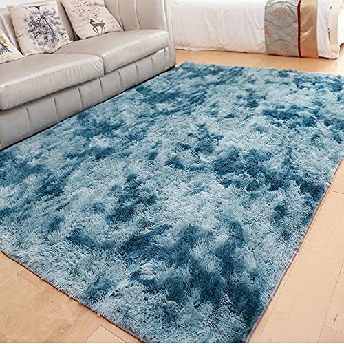 Große Flächen-Teppiche – rutschfeste Teppiche – flauschiger Schlafzimmer-Vorleger – moderner zotteliger dicker Teppich – 4 cm Flor, warme Bodenmatten, 40 x 60 cm, blau von Hruile