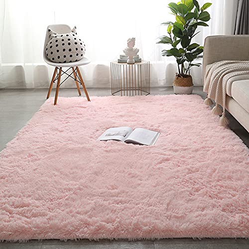 Großer Wohnzimmer-Teppich, weicher Flor, Kunstfell, sehr weich, zottelig, moderner Teppich, rutschfest, sicherer Bereich für Wohnzimmer, Schlafzimmer, Sofa, Kinderzimmer, 80 x 160 cm, Rosa von Hruile