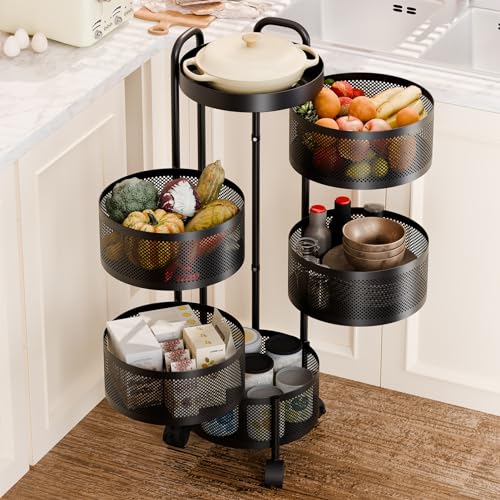 HshDUti Küchenkorb 5 Etagen Rundes geschichtetes Regal Lagerregal Drehbar Bewegliche Gemüse Obst Korb Regale Küche Drehbar Lagerregal Metall Obstkorb für Obst Gemüse Snacks Schwarz von HshDUti