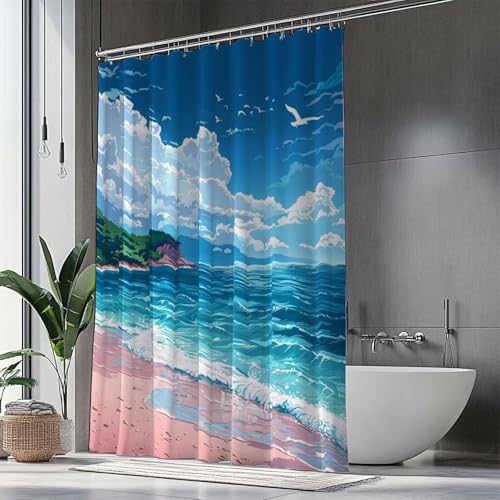 Duschvorhang Meer Duschrollo für Badewanne,80x200 Duschrollo Strand Shower Curtains Wasserdicht,Waschbar Polyester Stoff Duschvorhänge mit Ösen und 12 Ringen für Badezimmer,Badewanne,Geschenke H1-992 von Hsqpoobd