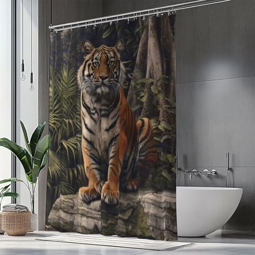 Duschvorhang Tiger Duschrollo für Badewanne,160x200 Duschrollo Tier Shower Curtains Wasserdicht,Waschbar Polyester Stoff Duschvorhänge mit Ösen und 12 Ringen für Badezimmer,Badewanne,Geschenke H1-820 von Hsqpoobd