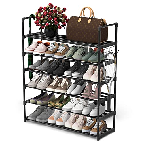 Hsscblet Schuhregal aus Metall mit 6 Ebenen, verstellbares Schuhregal, Aufbewahrungs-Organizer mit vielseitigen Haken, stapelbare Stiefel- und Schuhaufbewahrung, für Eingangsbereich, Schrank, schwarz von Hsscblet