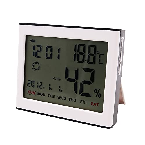 Hsthe Sea Digitales Desktop-Hygrometer, gro?er LCD-Bildschirm mit Uhrzeit, Innenfeuchte und meteorologischen Daten für das Gew?chshaus im Heimbüro (Batterie im Lieferumfang enthalten) von Hsthe Sea