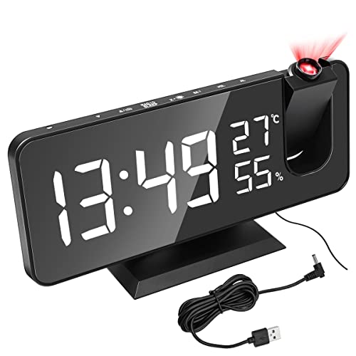 Hsthe Sea Projection Wecker für Schlafzimmer, Digitalwecker mit großem LED-Display, Funkwecker mit USB-Ladeanschluss, einstellbare Helligkeit, Temperatur- und Luftfeuchtigkeitsanzeige von Hsthe Sea