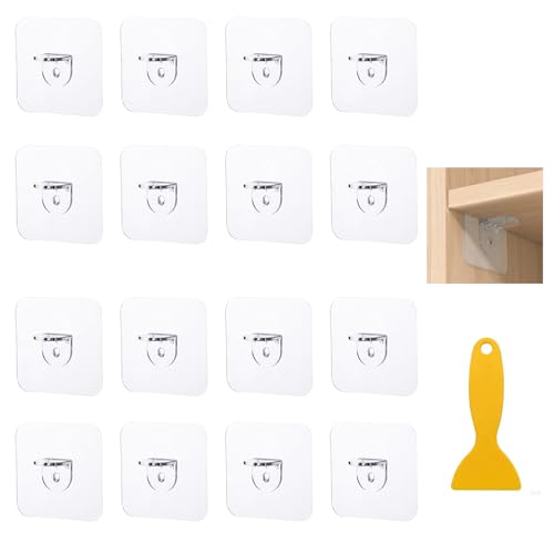 Hsyadazi 16 Stück Selbstklebende Regalbodenträger (6x6cm) - Transparente Schrankhalter ohne Bohren für Einlegeböden & Regale- Bis 15kg Belastung, für Kleiderschrank, Küche & Wohnzimmer von Hsyadazi
