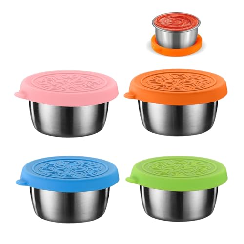 Hsyadazi 4 Stück Auslaufsichere Saucenbehälter (50ml) - Edelstahl Dressingbehälter mit Silikondeckel für Salat, Joghurt & Snacks, Wiederverwendbar von Hsyadazi