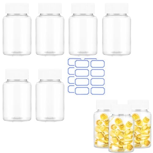 Hsyadazi 6 Stück Transparente Pillenflaschen, Leere Medizinflaschen aus Kunststoff mit Verschlüssen, Pillenetuis Spenderorganisatoren für flüssiges, festes Pulver Medikamenten (80 Ml) von Hsyadazi