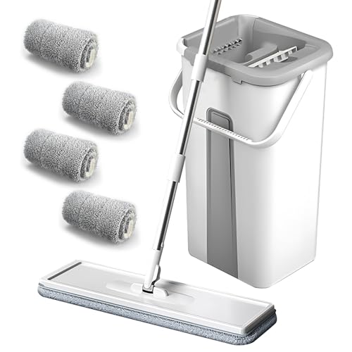 Hsyan Wischmopp und Eimer mit Auswringer-Set, freihändiger Flacher Bodenwischer und Eimer, mit 4 waschbaren Mikrofaser-Pads, Nass- und Trockengebrauch, Bodenreinigungssystem Hsyan Wischmopp und Eimer mit Auswringer-Set, freihändiger Flacher Bodenwischer und Eimer, mit 4 waschbaren Mikrofaser-Pads, Nass- und Trockengebrauch, Bodenreinigungssystem von Hsyan