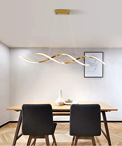 Hsyyz Hängelampe/mit Fernbedienung LED Pendelleuchte Moderner Esstisch Dimmbare Deckenleuchte Höhe Verstellbarer Kronleuchter Spiral Design Pendelleuchte, für Wohnzimmer Restaurant Küche (Gold) von Hsyyz