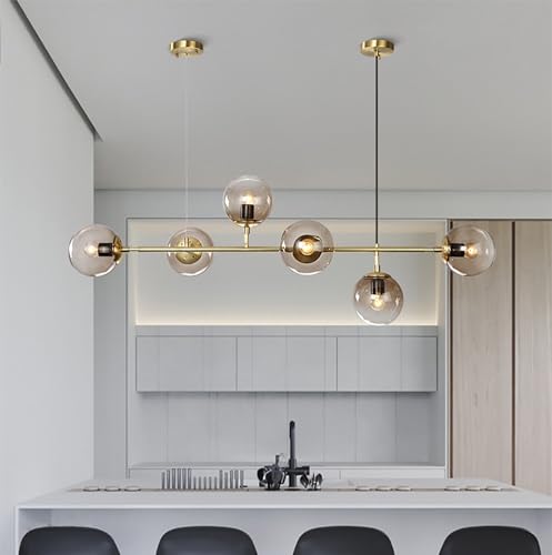 Pendelleuchte Dimmbare Esstisch Kronleuchter Esstischlampe Wohnzimmer Hängelampe E27 Hängeleuchte Höhenverstellbare industrielle Kugel Glas Lampe, Innenbeleuchtung (Rauchgrau, Galvanisierung - Gold) von Hsyyz