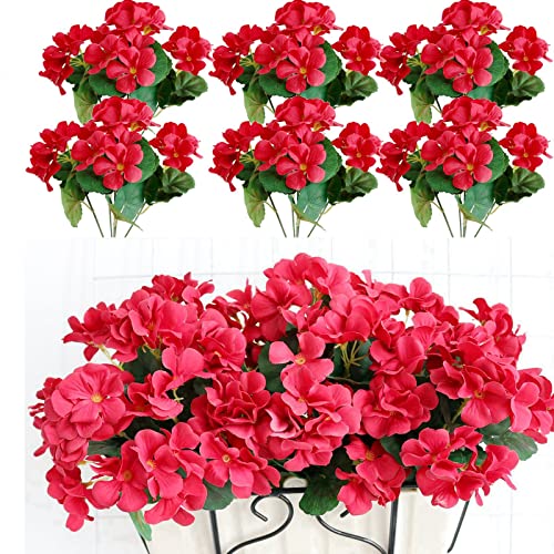 Htmeing Künstliche Geranienbusch, dekorative Seidenblumen, für den Innen- und Außenbereich, Rot, 6 Stück von Htmeing