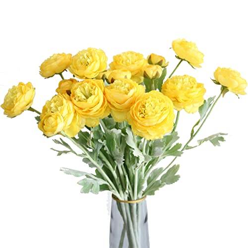 Künstliche Ranunkel-Blumen mit echtem Stiel, Seide, Ranunkel-Blumen für Haushaltsarrangement, Gelb, 6 Stück von Htmeing