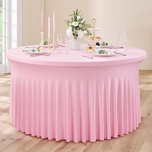 Dehnbare Spandex Rosa Runde Tischdecke für 122 cm Runden Tisch, Strecth Runde Tischdecke 280 cm für Bankett, Hochzeitsempfang, Buffettisch, Party, Geburtstag, Urlaub, Abendessen von Htper