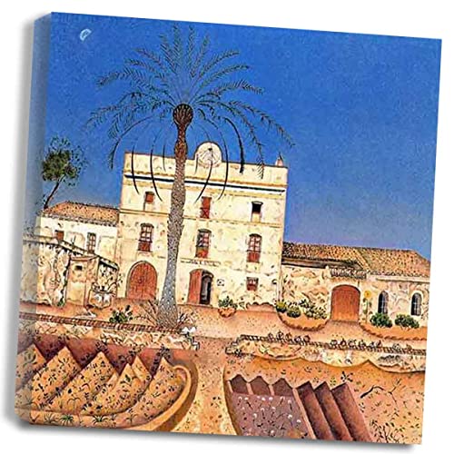 Htt-Kup-Rpp Joan Miro《Haus mit Palme》Bilder Leinwand Küche Wandbilder Wohnzimmer für Schlafzimmer Dekoration Wohnung Home Deko Kunstdruck fertig zum Aufhängen（65x65cm） 26x26inch,Gerahmt von Htt-Kup-Rpp