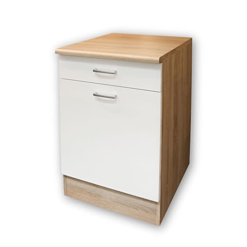 Httxyp Moderner Unterschrank Küche in Eiche Sonoma Optik, Weiß matt - Geräumiger Küchenschrank mit viel Stauraum - 50 x 90 x 60 cm (B/H/T) von Httxyp