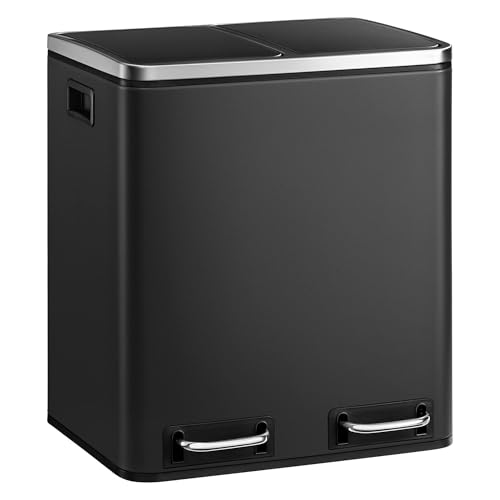 Httxyp Mülleimer Küche, 2 x 15 Liter, Mülltrennsystem 2 Fächer, inklusive 15 Müllbeutel, Abfalleimer, Treteimer, recycelbare Abfälle, Biomüll, Softclose-Deckel, tintenschwarz von Httxyp
