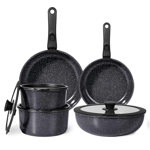 Keramik Topfset mit Abnehmbarer Griff, 11-Teilig Topf und Pfannenset mit Antihaft Beschichtet, Topfset Induktion Kochtopf Set, Backofenfest, für Alle Herdarten, PTFE/PFOA-frei, Schwarz von Httxyp