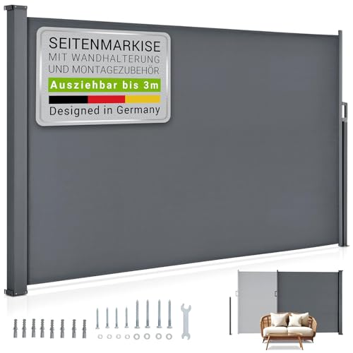 Seitenmarkise 180 x 300 cm ausziehbar Blickdicht, Sichtschutz für Balkon & Terrasse, Seitenrollo mit Wandhalterung - grau Seitenmarkise 180 x 300 cm ausziehbar Blickdicht, Sichtschutz für Balkon & Terrasse, Seitenrollo mit Wandhalterung - grau von Httxyp