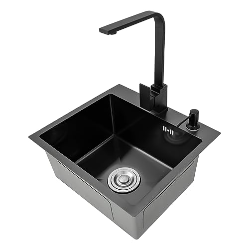HUKaiL Spülbecken, Küchenspüle Edelstahl mit 180° Wasserhahn und Seifenspender, Waschbecken Küche Set Einbauspüle mit Ablaufgestell und Überlauföffnungen mit 9 cm kaliber, 45 * 40 * 20 cm von HuKaiL