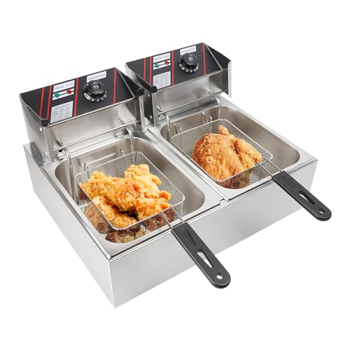 HuKaiL 2x5.5L Doppel-Fritteuse Edelstahl, 60-200 ℃ Öl-Fritteuse mit Unabhängige Steuerung und Thermostat Überhitzungsschutz, 220V 2x2.5KW Fritteuse mit zwei Tanks mit Anzeigelicht, 55 * 44 * 30cm von HuKaiL