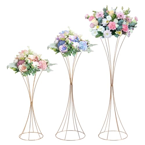 HuKaiL 3 Stück Gold Blumenständer Metall, Hochzeitsvase Blumensäule Sanduhrförmig, Goldvasen Säule Dekosäule Pflanzenständer für Hochzeit Herzstück Tische Wohnzimmer Cafe, 50/66/79cm von HuKaiL