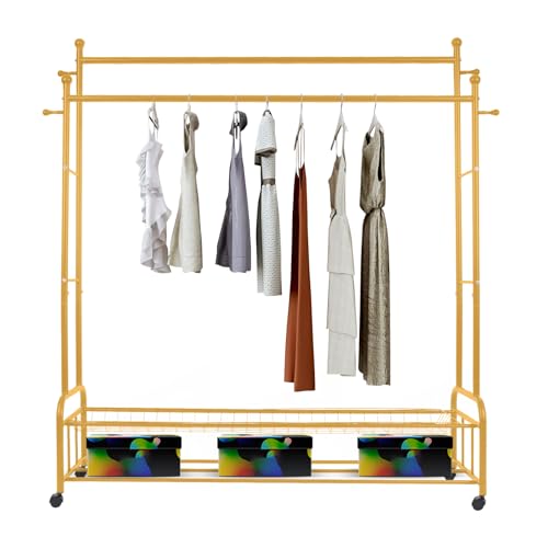 HuKaiL Doppelter Kleiderstange, Garderobenständer Kohlenstoffstahl mit Bodengitterkorb und Universal-Räder, Kleiderständer Stabil mit 75Kg Tragfähigkeit und 4 Häkchen, 150 * 45 * 170cm, Gold von HuKaiL