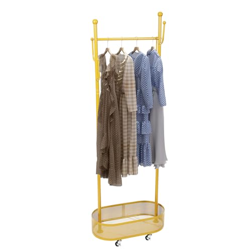 HuKaiL Kleiderstange, Garderobenständer Metal mit Bodengitterkorb und Universal-Räder, Kleiderständer Stabil mit 3.9Kg Tragfähigkeit und 4 Häkchen, 60 * 32 * 170cm, Golden von HuKaiL