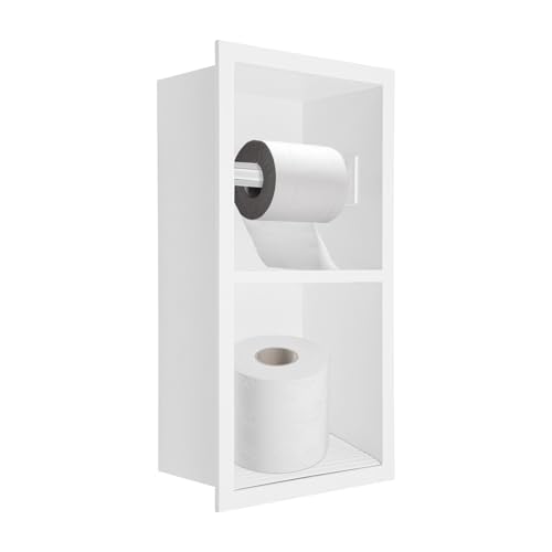 HuKaiL Wandnische Dusche, 18×10.2×34cm Zweistufige Duschnische Nische aus Edelstahl mit Trennwand &Toilettenpapierrolle, 0.8mm Plattendicke / 20kg Tragkraft, Badezimmer Regal mit PET-Fußstütze, Weiß von HuKaiL