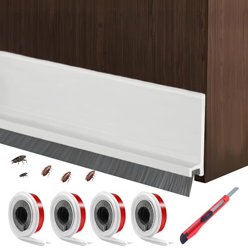 4 Stück selbstklebende Türbürstendichtung, 100 x 3 cm, weiß, zuschneidbar. Ideal als Türbodendichtung gegen Zugluft, Insekten und Staub. Einfache Montage für Türunterseiten von HuaCommerce