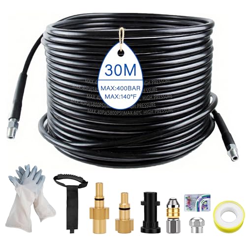 30m Universal Rohrreinigungsschlauch Set, 5800 PSI/400 bar,Rohrreiniger Premium Set mit Adapter und Düsen&Handschuhe,kompatibel mit Kärcher k2-k7, Lavor, Bosch Hochdruckreiniger von HuaCommerce