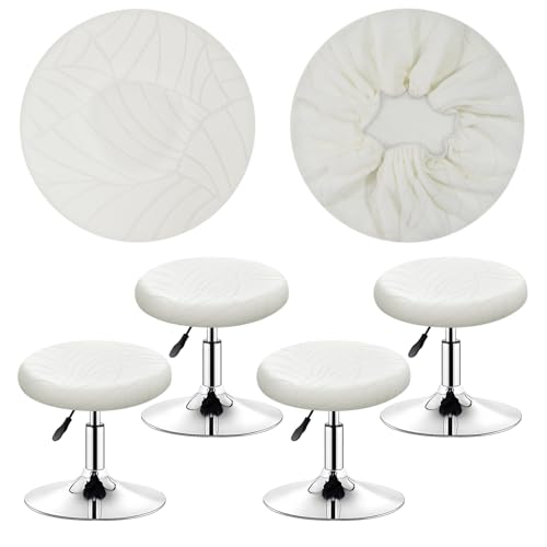 HuaLiSiJi Hockerbezug Rund Blätter Jacquard Bezug Hocker Rund 30-40cm Waschbar Pflegeleicht Weich und Langlebig, für Runde Oder Quadratische Hocke (4, Weiß) von HuaLiSiJi